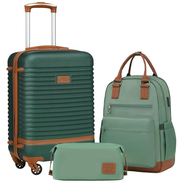 Coolife Suitcase Set 3 Piece Luggage Set Carry On Travel Luggage TSA Lock Spinner Wheels Hardshell Lightweight Luggage Set(Dark Green, 3 piece set (BP/TB/20))