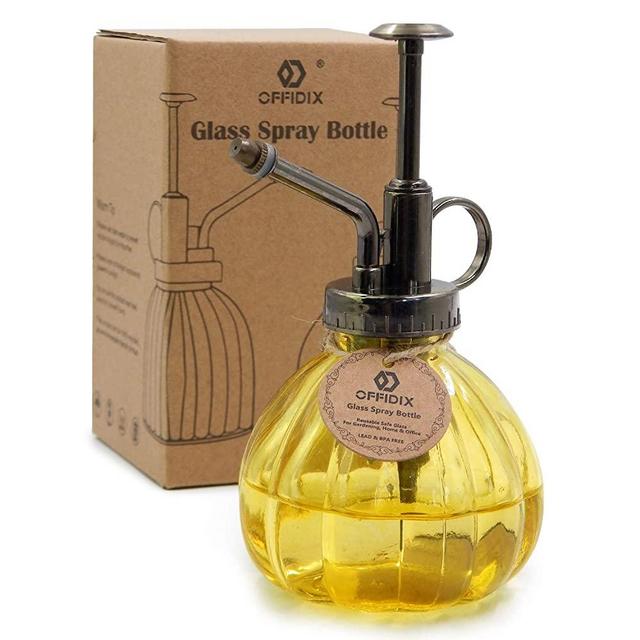 OFFIDIX Yellow Glass Watering Can Indoor, 6.3" Tall Vintage Style Spritzer Bronze Plastic Top Pump One Hand Watering Can 2018 Gift Glass Spary Bottle Glass Watering Can Indoor