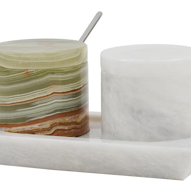 Radicaln Marble Salt Cellar with Lid and Tray 3'' Inches White and Green Handmade Salt Containers for Countertop - Marble Salt Jar with Lid For Kitchen Table, Marble Kitchen Accessories