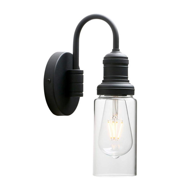 PERMO Industrial Vintage Sconce Gooseneck Wall Mount Single Sconce with 3.1" Cylindrical Clear Glass Shade Wall Light Lamp Fixture (Black)
