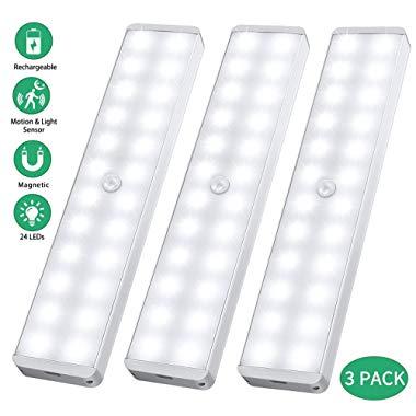 LED Closet Light, 24-LED Newest Version Rechargeable Motion Sensor Closet Light Under Cabinet Wireless Stick-Anywhere Night Light Bar with Large Battery for Stairs,Wardrobe,Kitchen,Hallway (3 Packs)