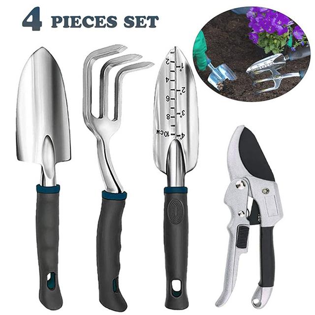 AoMck Garden Tool Set -4 Pieces Aluminum Heavy Duty Gardening Kit with Garden Hand Shovel Transplant Trowel Cultivator Hand Rake and SK-5 Pruners, Gardening Gifts