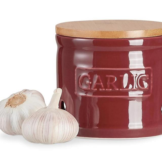 ONEMORE Garlic Keeper with Lid, Ceramic Garlic Saver 4 inch, Dark Red
