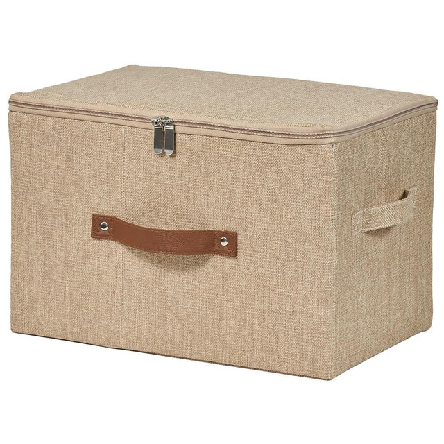 VinneGenzz Storage Bins with Zipper Lid Cotton Linen Fabric Lidded Storage Baskets Boxes Foldable Washable Closet Shelf Clothes Organizer Container with PU Leather Handles (Linen, Large)