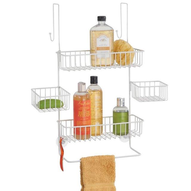 mDesign Extra Wide Metal Wire Over Door Bathroom Tub & Shower Caddy, Hanging Storage Organizer Center with Built-in Towel Holders and Baskets on 3 Levels - Center Baskets Swivel - Matte White