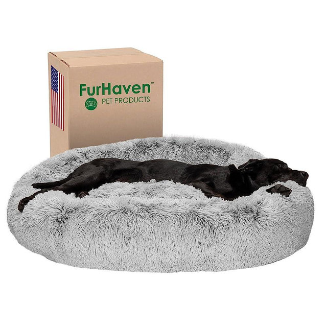 Furhaven 45" Round Calming Donut Dog Bed for Large Dogs, Refillable w/ Removable Washable Cover, For Dogs Up to 90 lbs - Shaggy Plush Long Faux Fur Donut Bed - Mist Gray, Jumbo/XL