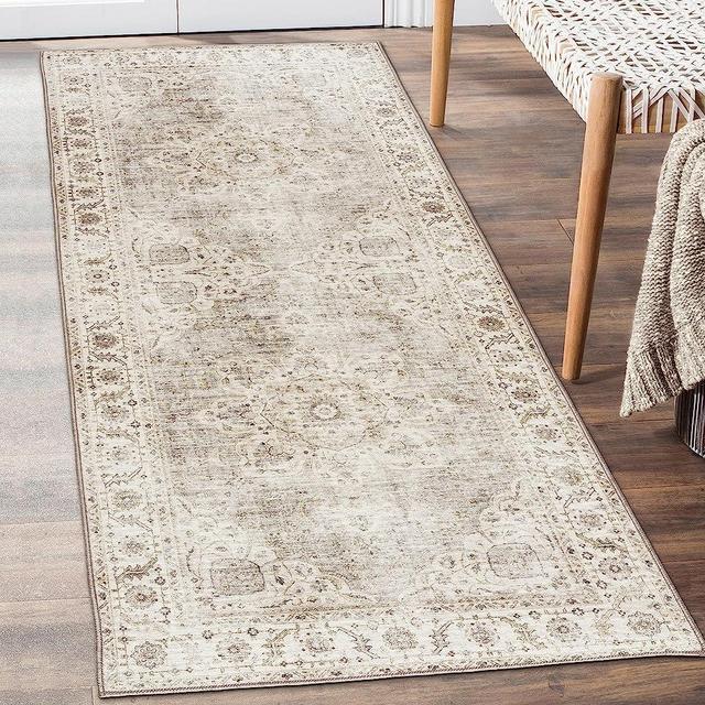 ReaLife Machine Washable Rug - Stain Resistant, Non-Shed - Eco-Friendly, Non-Slip, Family & Pet Friendly - Made from Premium Recycled Fibers - Vintage Bohemian Medallion Beige Ivory - 2'6" x 10'