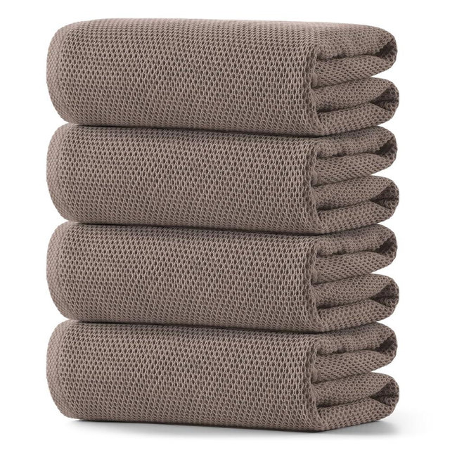REDKISS 100% Cotton Waffle Weave Bath Towels 4 Pack - 27.5x55 Inches| Lightweight, Quick Dry & Highly Absorbent,Perfect for Spa, Gym, Travel, Guest Bathroom-Brown