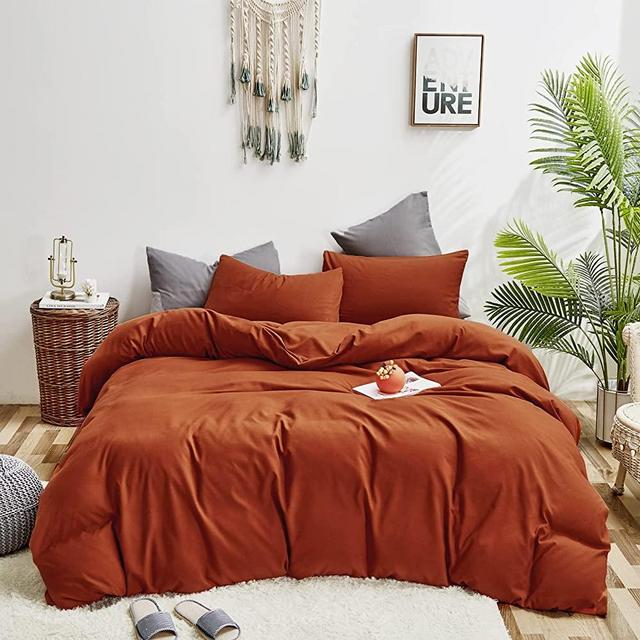 Cottonight Burnt Orange Comforter Set Queen Caramel Rust Bedding Comforter Set Full Reddish Brown Quilts Cotton Soft Terracotta Blanket Quilts Modern Solid Color Comforter Set for Women Men