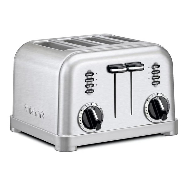 Cuisinart 4 Slice Compact Stainless Steel Toaster with Extra-Wide Slots for Bread, French Toast, Bagels & Pastries, Defrost & Reheat Functions, CPT-180P1, Brushed Stainless, Removable Crumb Tray
