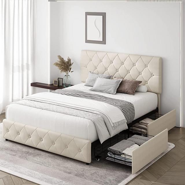 Modern Upholstered Bed Frame with 4 Drawers, Button Tufted Headboard Design, Solid Wooden Slat Support, Easy Assembly, Queen Size, Beige