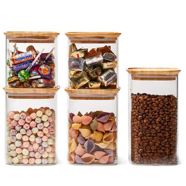 EZOWare Square Clear Glass Jars with Airtight Bamboo Lid, Set of 5 Stackable Kitchen Pantry Food Storage Canister Containers for Candy, Cookie, Rice, Sugar, Flour, Pasta, Nuts - 24oz / 34oz / 44oz