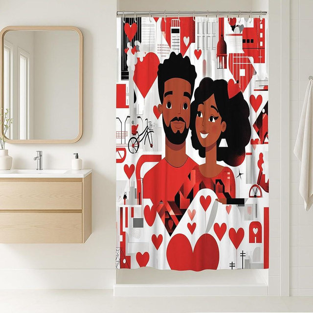 Romantic Valentine's Day Stall Shower Curtain 36''x72'' with Hooks, Abstract African American Couple Bathroom Decor, Lover Bath Accessories Polyester Fabric