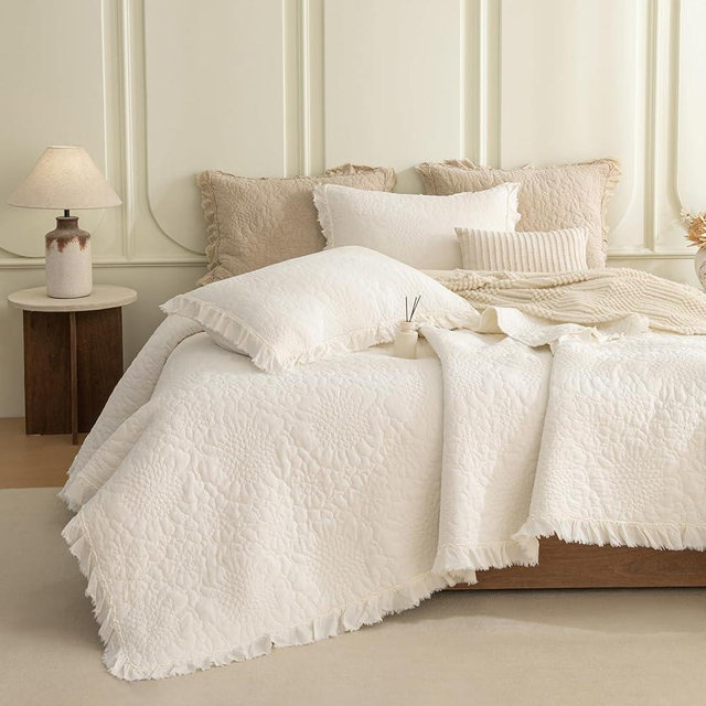 Sanracie Oversized King Quilt Set(120"x120"), California King Bedspread Sets, Shabby Rustic Chic Cotton Coverlet Bedding Summer Spring, Stonewashed Lightweight Quilt with 2 Shams, Milk White, 3PCS