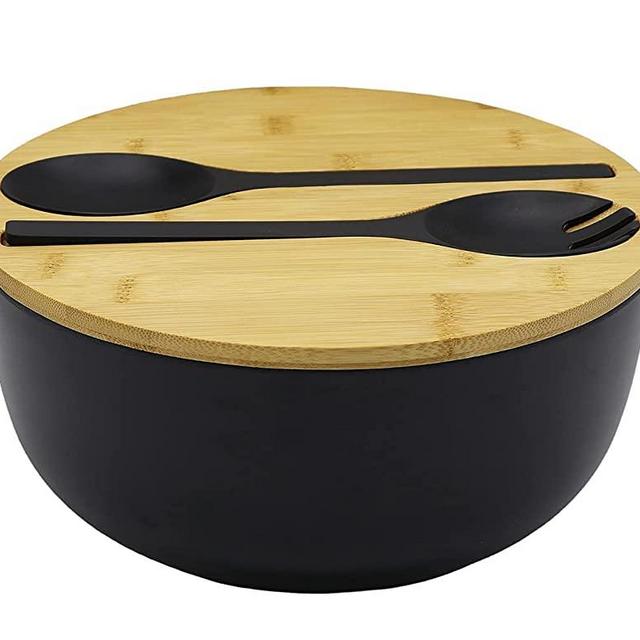 Bamboo Salad Bowl with Serving Spoons, Wooden Bamboo Lid and Cutting Board. Large 9.8 Inch Mixing, Fruit, Food, Dessert, Storage Bowl Set. Lightweight, Dishwasher Safe. Matte Black