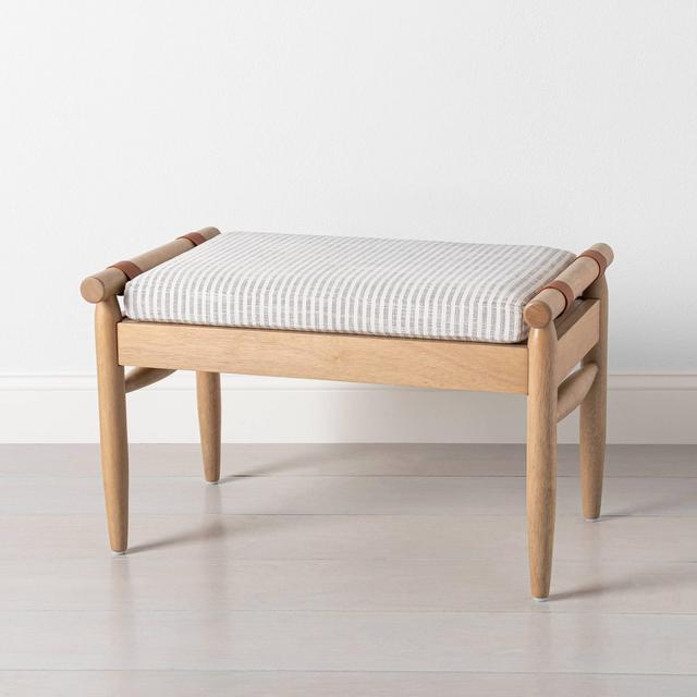 Upholstered Natural Wood Ottoman Micro Stripe Dark Gray / Oatmeal - Hearth & Hand™ with Magnolia