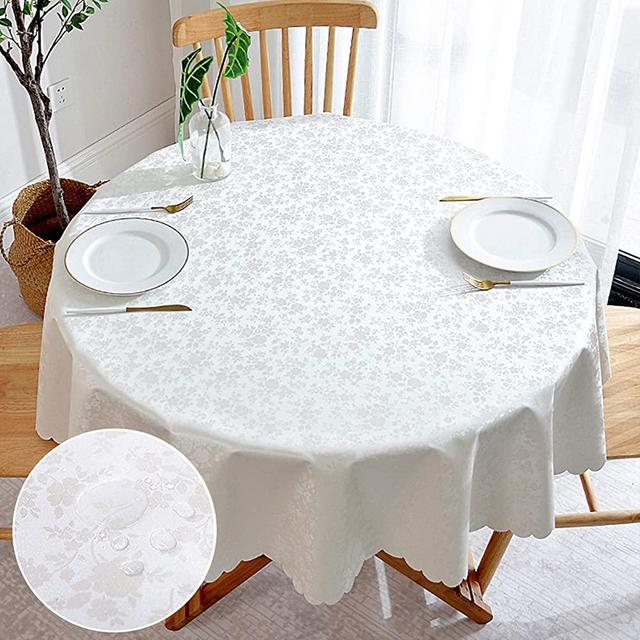 smiry Waterproof Vinyl Tablecloth, Round Heavy Duty Table Cloth, Wipeable Table Cover for Kitchen and Dining Room (White, 60" Round)