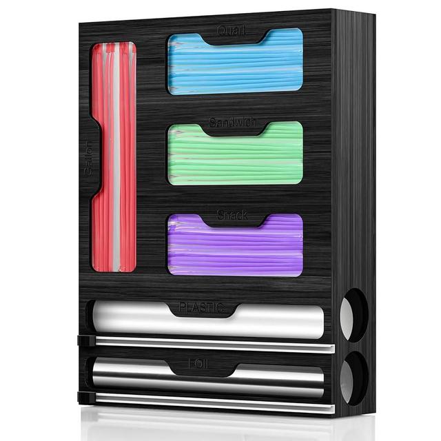 Lawmoliw Bag Storage Organizer for Kitchen Drawer, 6 in 1 Foil and Plastic Wrap Dispenser with Cutter, Bamboo Zip Lock Plastic Bag Baggie Organizer for Gallon, Quart, Sandwich, Snack