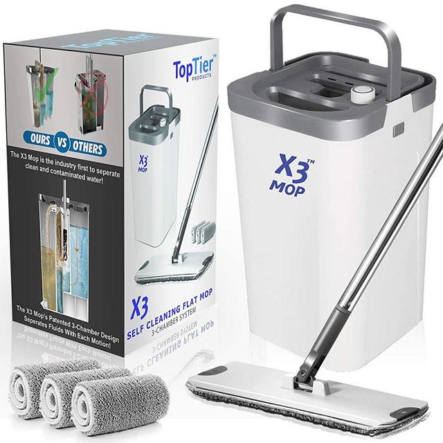 X3 Flat Floor Mop and Bucket Set for Hands Free Home Floor Cleaning, Separates Dirty and Clean Water, 3-Chamber Design 3 Reusable Microfiber Mop Pads Included