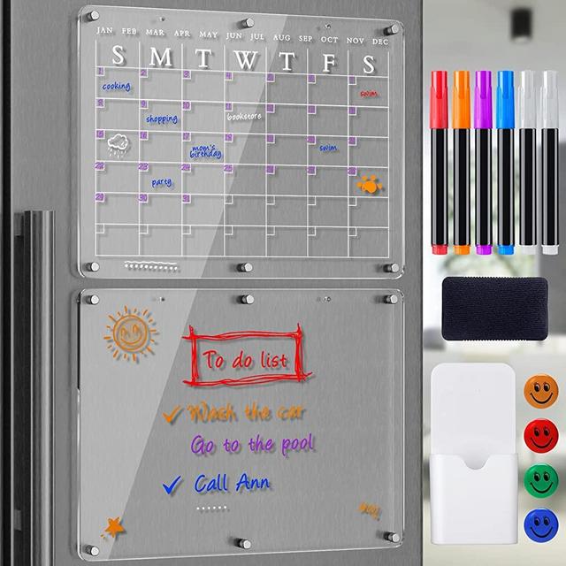 Acrylic Magnetic Dry Erase Calendar Board for Fridge, Ewinvos Clear Magnet Monthly Calendar & Dry Erase Board for Refrigerator and Wall, Reusable Planner Board Includes 6 Markers 5 Colors