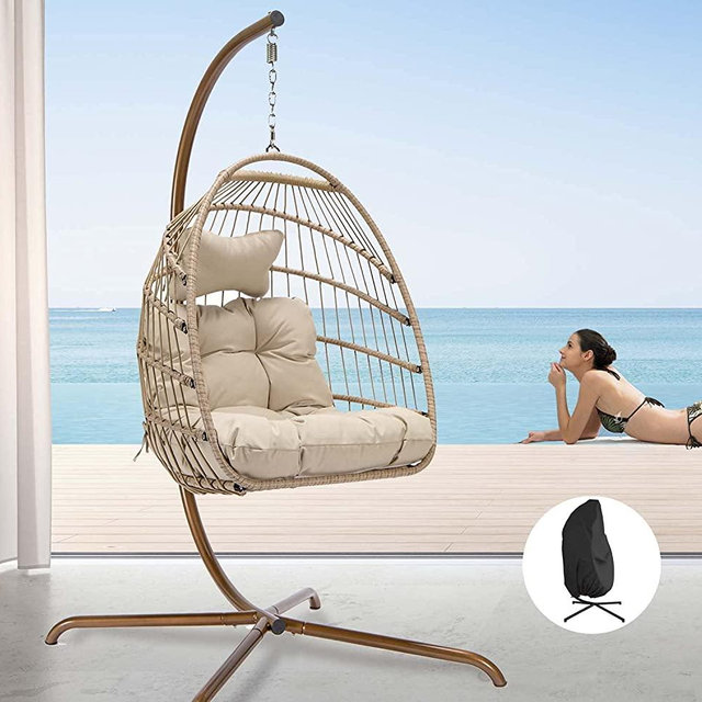NICESOU LIndoor Wicker Hanging Egg Chair with Stand Swing Hammock Egg Basket Chairs UV Resistant Cushions 350lbs Capaticy for Patio Backyard Balcony Bedroom Egg Chiar with Cover