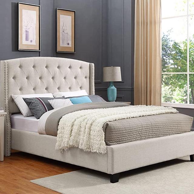 Roundhill Furniture Nantarre Fabric Tufted Wingback Upholstered Bed with Nailhead Trim, King, Tan
