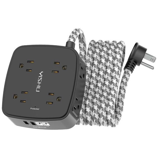 Surge Protector Power Strip - YISHU 8 Outlets with 4 USB (2 USB C) Charging Ports, 10Ft Braided Extension Cord, Flat Plug Multi Plug Outlet Extender Charging Station for Home Office, ETL, Black