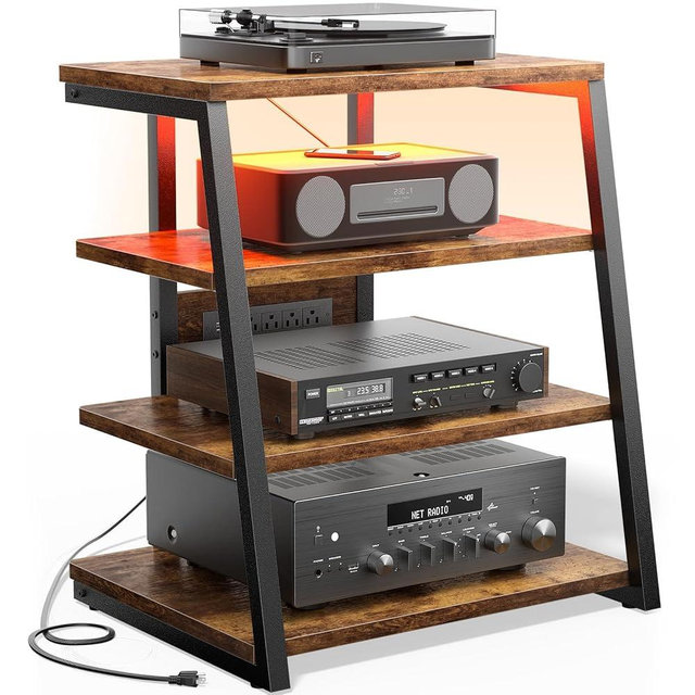 Besiost AV Media Stand with Outlets, Media Console with LED Lights, Stereo Racks and Stands with Storage Shelves, Media Audio Tower Cabinet, Rustic Brown