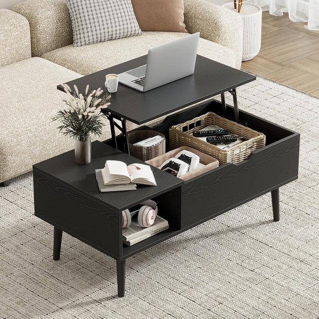 HAPPYMONT Wood Lift Top Coffee Table with Hidden Storage Compartment & Open Shelf, Multi-Functional Wooden Tabletop Dining Table for Living Room, Home Small Space