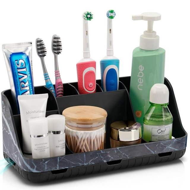 GFWARE Marble Black Toothbrush Holders for Bathrooms - Detachable 7 Slots Bathroom Organizer Countertop Matte Black Electric Toothbrush and Toothpaste Holder for Bathroom Counter Vanity Sink Storage