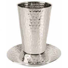 Hammer Nickel Plated Stemless Kiddush Cup & Plate By Yair Emanuel