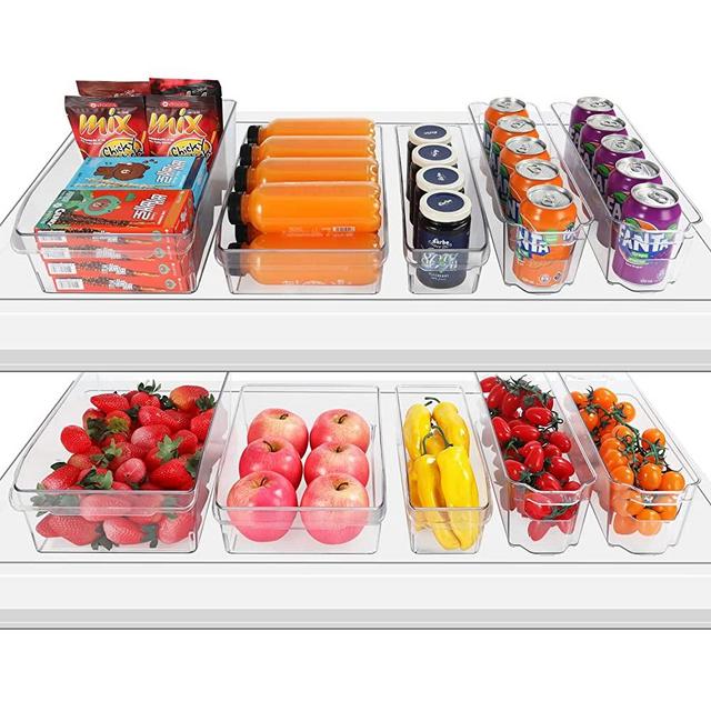 Refrigerator Organizer Bins, HERKKA 10 Pack Clear Plastic Food Organizers with Handles for Freezer, Cabinet, Countertops, Fridge, Kitchen Pantry Organization and Storage, BPA Free