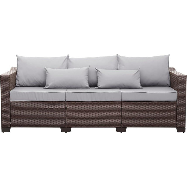 Rattaner Patio Furniture 3 Seat Sofa Outdoor Furniture Outdoor Couch Deep Seat Hight Backrest with Waterproof Cover, Light Grey Anti-Slip Cushions with Waterproof Cover