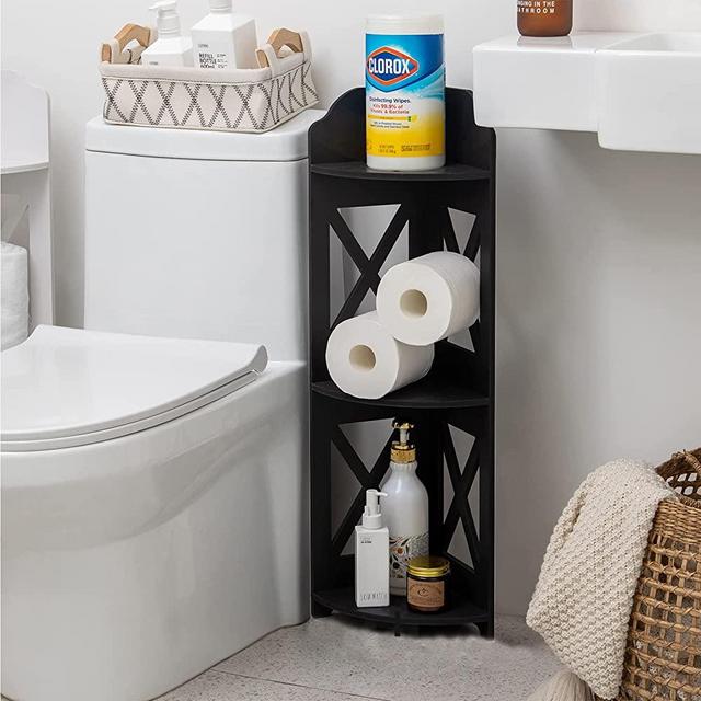 J JINXIAMU Corner Shelves,Corner Shelf Stand Waterproof Great for Bathroom Storage Tight Space,Small Shelf Stand Fit for Toilet Paper Holder Storage, Corner Tables for Small Space,Black