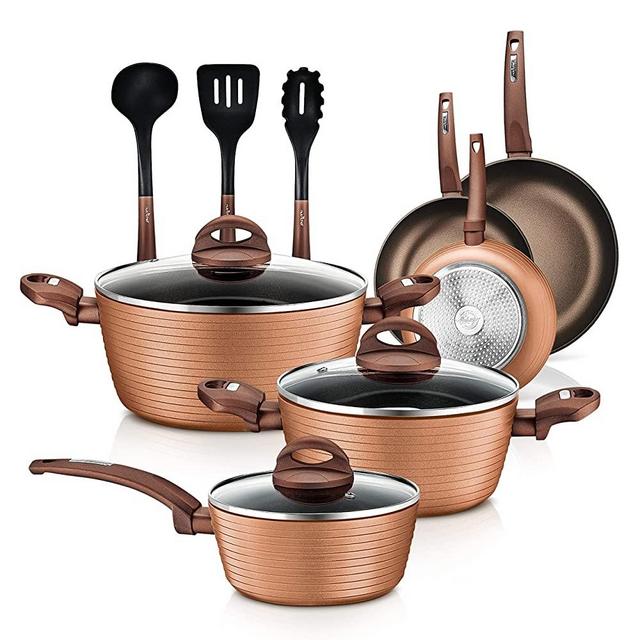 12-Piece Nonstick Kitchen Cookware Set - PTFE/PFOA/PFOS-Free Heat Resistant Lacquer Kitchen Ware Pots Pan Set Coffee/Brown - Saucepot, Pans, Cooking Pot, Oven Pot, Lid, Utensil - NutriChef NCCW12BRW