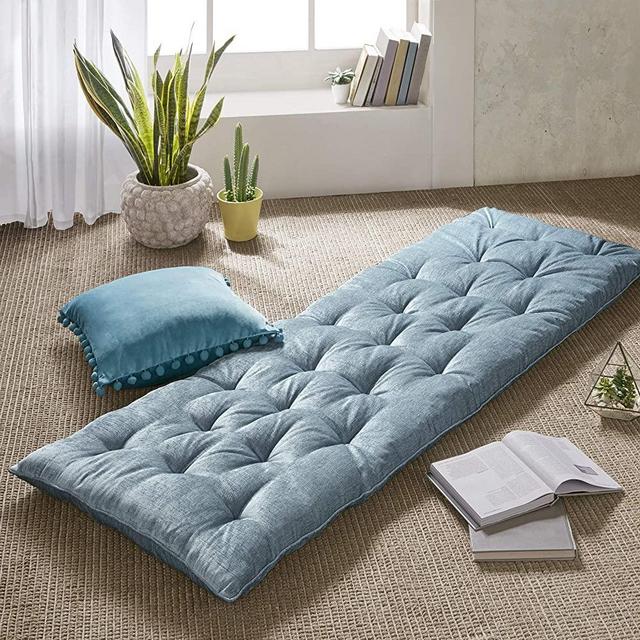 Intelligent Design Edelia Foldable Poly Chenille Light Weight Lounge Floor Pillow Cushion Tufted Seat for Meditation, Game Playing, Yoga, Reading with Travel Wrap, 74x27, Aqua