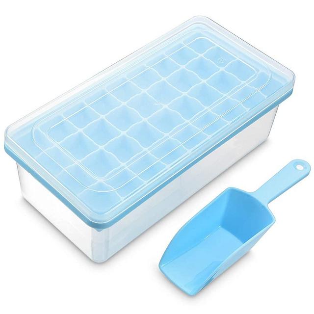 Ice Cube Tray With Lid and Bin | 36 Nugget Silicone Ice Tray For Freezer | Comes with Ice Container, Scoop and Cover | Good Size Ice Bucket