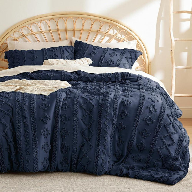 Bedsure Tufted Boho Comforter Set King Size - Navy Boho Bedding Comforter Set, 3 Pieces Farmhouse Shabby Chic Embroidery Bed Set, Gifts for Woman, Soft Jacquard Comforter for All Seasons