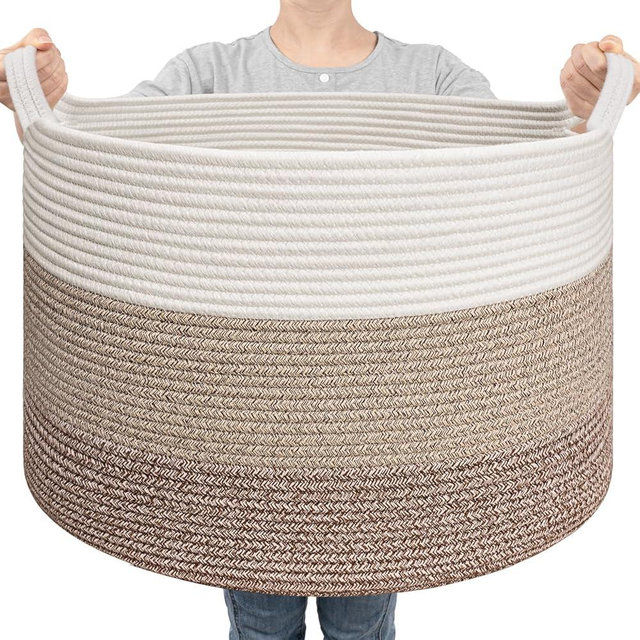 Goodpick Large Laundry Basket, Woven Rope Storage Basket for Blanket, Toy Bin for Baby Room, Nursery, Bedroom, Toys, 21.7'' x 13.8'', Light & Brown