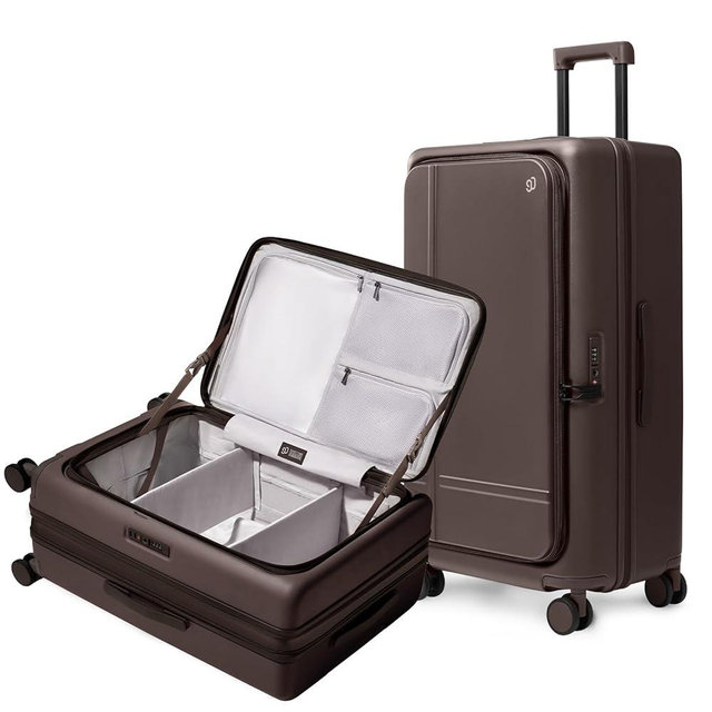 NINETYGO Large Checked Luggage 29 Inch, Flat Top Opening Checking In Luggage with Brake Wheels, Expandable, Coffee-Infused PC Hard Shell, Eco-Friendly, TSA Lock, 360° Spinner Wheels (Americaco)