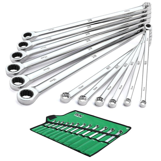 SK Extra Long Ratcheting Wrench Set, Double Box End Wrench Set, 12-Piece, Metric, 8 mm to 19 mm, 72-Tooth, Premium CR-V Construction, with Rolling Pouch