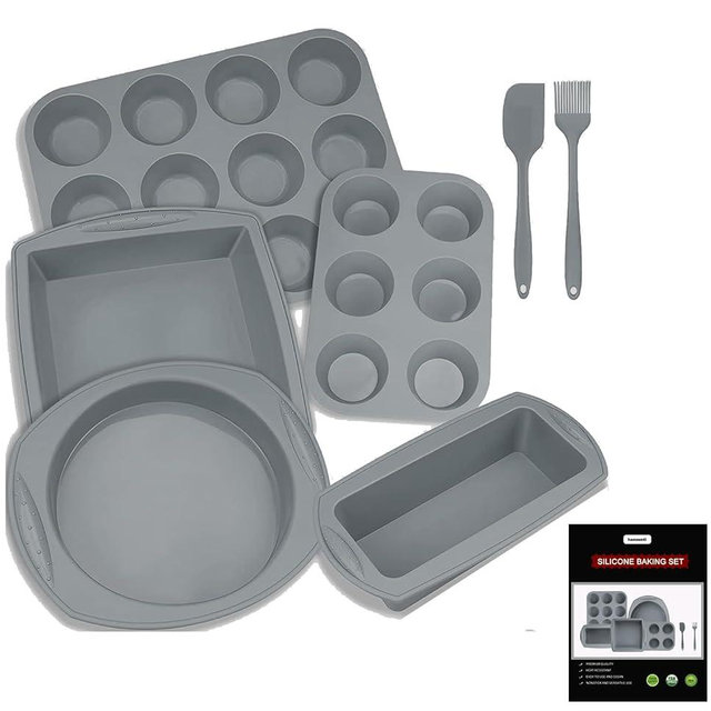 Hansanti 7in1 Silicone Bakeware Baking Set, Kitchen Bake Pans Molds Tray for Oven with BPA Free Round/Square Cake Pan, Loaf Pan, Muffin Pan for Bread Pizza Cheesecake Cupcake Pie Desserts