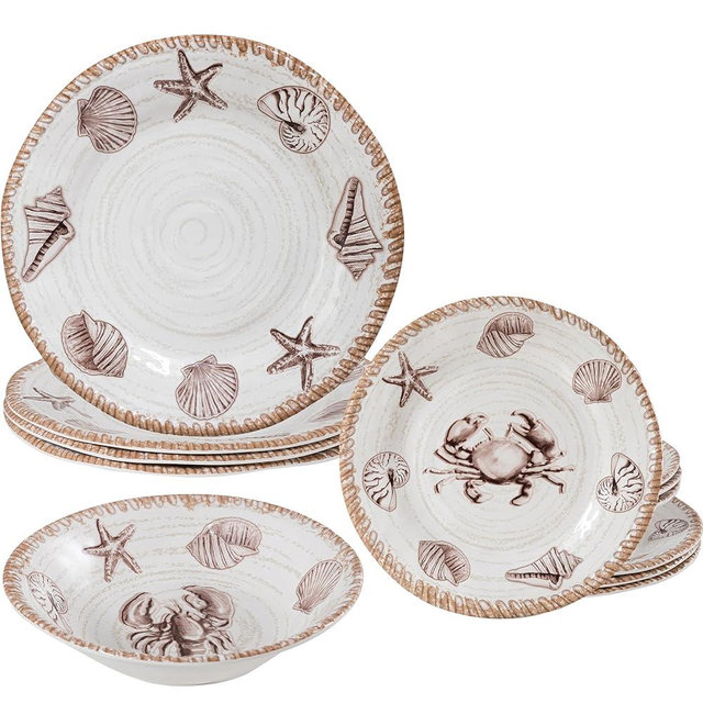 ZAROCRUS Melamine Dinnerware Sets, 12 Piece Rustic Oceanic Theme Outdoor Plates and Bowls Dinnerware Set for Patio, Farmhouse Coastal Dishes Dinnerware Set of 4, Great for Camper, RV, Multicolor