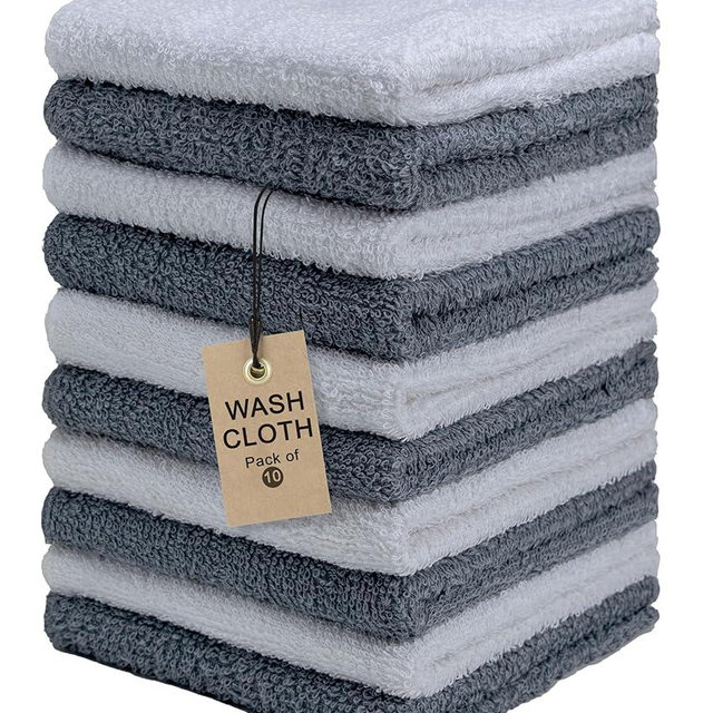 Textila Terry Washcloths – 12x12 Inches – Pack of 10 – Grey & White – Highly Absorbent, Soft Feel and Multipurpose Cotton Wash Cloths for Everyday Use