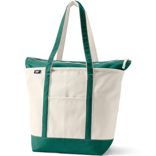 Lands' End Large 5 Pocket Zip Top Long Handle Canvas Tote Bag