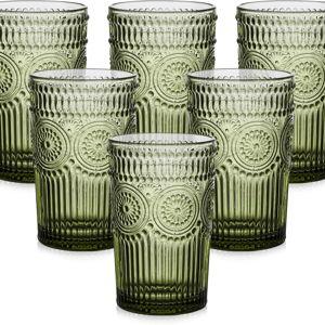 ZMOWIPDL Vintage Glassware Drinking Glasses Set of 6,13 oz Green Textured Flower Design Glass Water Tumblers，Embossed Striped Drinkware for Water,Cocktails,Juice,Iced Coffee