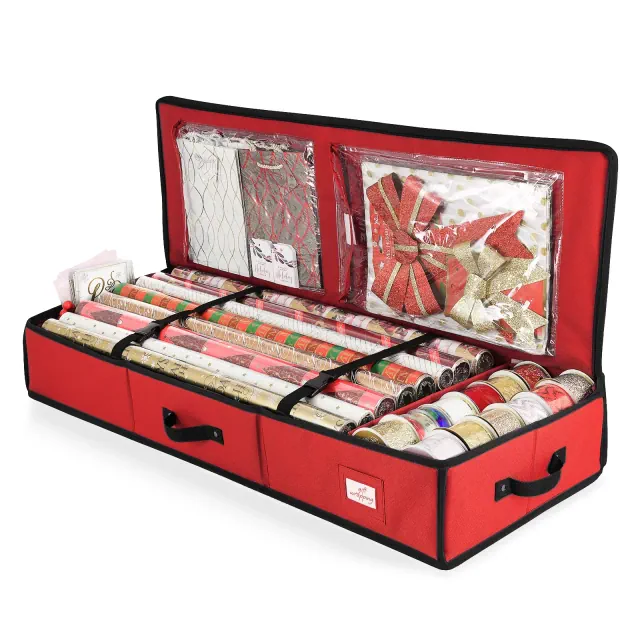 Hearth & Harbor Wrapping Paper Storage Container - Christmas Storage Bag with Interior Pockets - Fits Up to 22 Rolls of 40" - Red