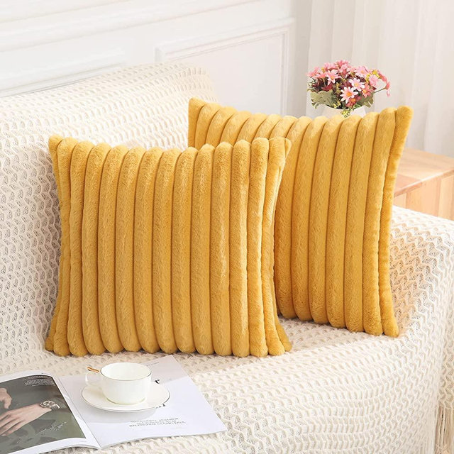 Pallene Faux Fur Plush Throw Pillow Covers 18x18 Set of 2 - Luxury Soft Fluffy Striped Decorative Pillow Covers for Sofa, Couch, Living Room - Mustard Yellow