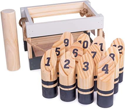 Molkky | Portable Outdoor Lawn Game | Unique, Traditional Family Game | Premium Wooden Tossing Game Set Perfect for Parties, BBQs, Cookouts, Yard Activities | Comes with Carrying Crate