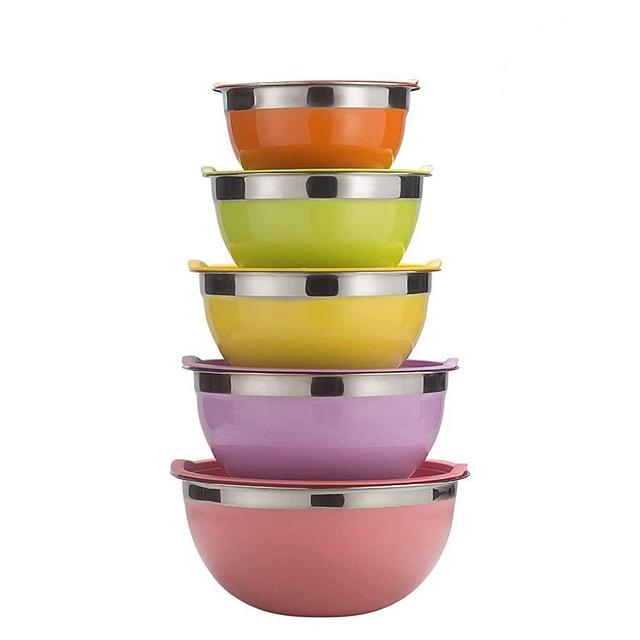 Raking 5 Piece Mixing Bowls Large 5 Quart Capacity Stainless Steel Bowl Set With Colorful Lids for Kitchen, Camping and Food Storage (Multi)